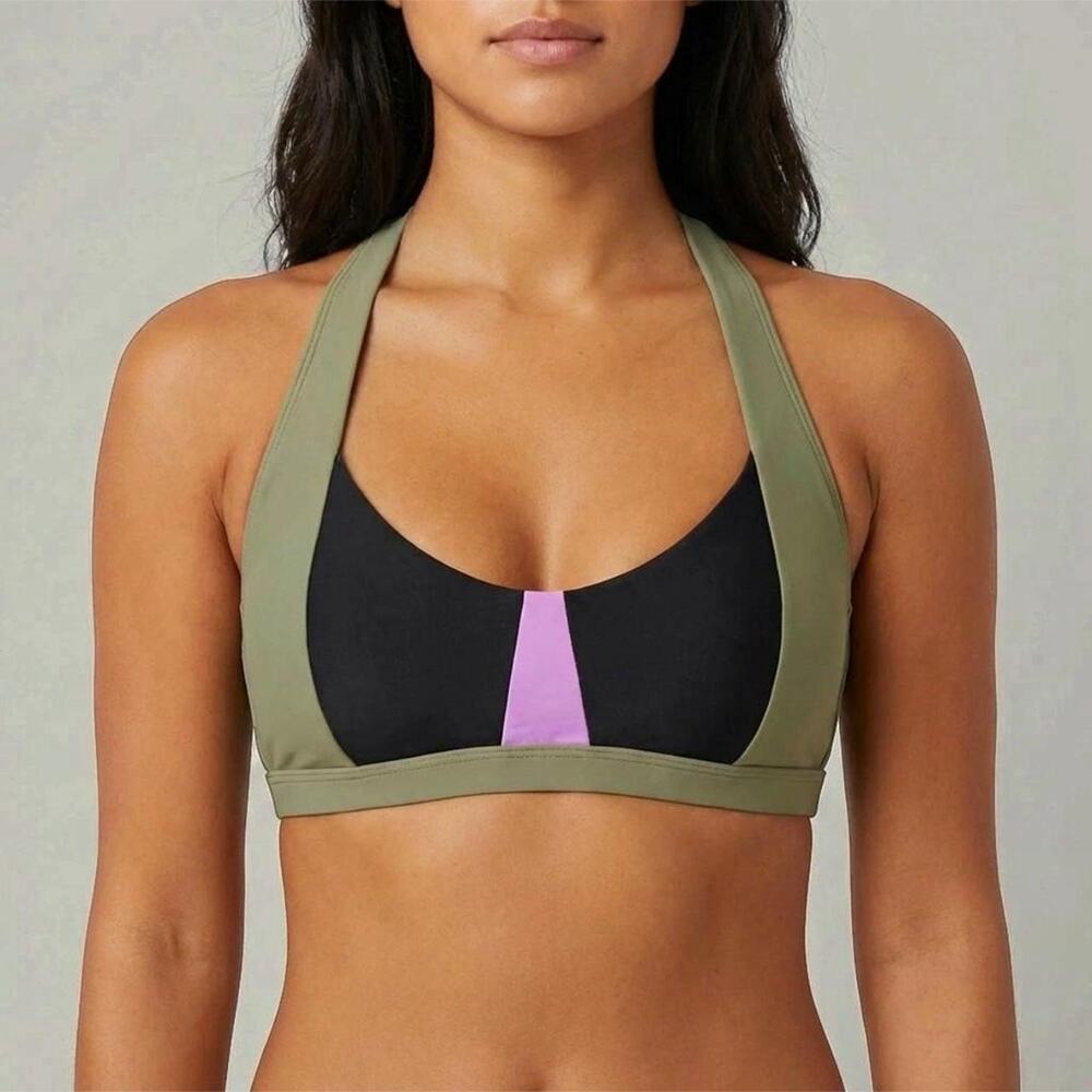 NWT PrAna Tulum Bikini Top Olive Pink Tie Back Recycled Nylon Sports Bra X